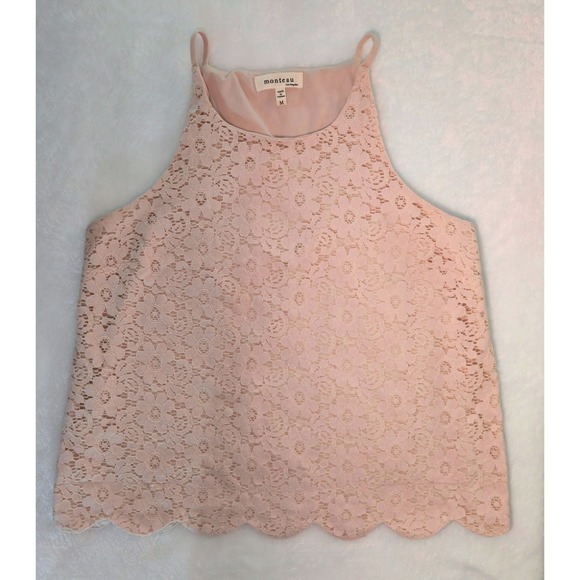 Monteau Tops - Monteau Los Angeles Pink Floral Lace Halter Cami Top Scalloped Hem Size M